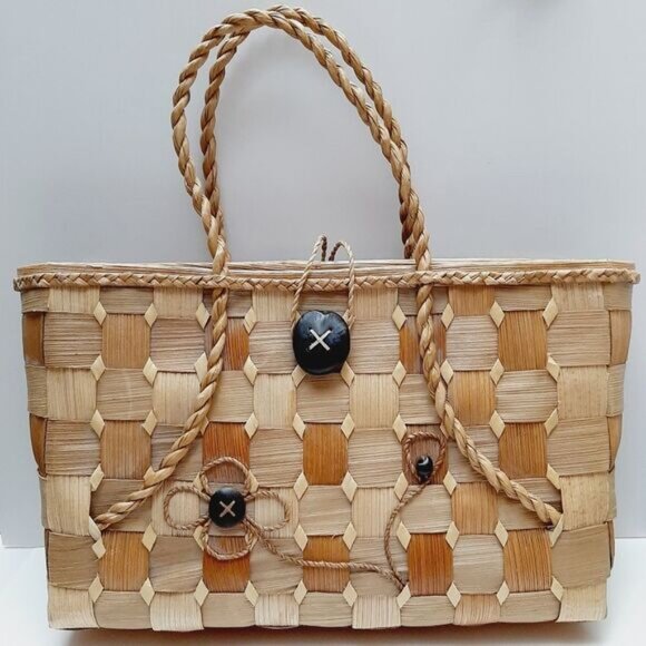 Vintage Hand Made Wide Woven Leaf Large Beach Tote Summer Bag Rope Handle Beige - Picture 15 of 15